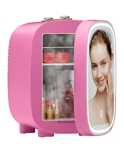 DF01A Mini Kosmetik Kühlschrank, 4L Mini-Kühlschrank mit 3-stufig LED Spiegel, Geräuscharm, Kleiner Hautpflege Kühlschrank mit Kühl- und Heizfunktion, Tragbares Design für Schlafzimmer, Büro und Auto