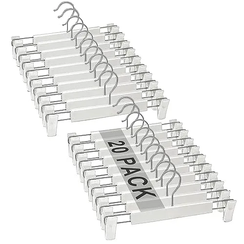 Hosenbügel Platzsparend,20 Stück mit Clip Platzsparende Rockhalter mit 360 ° Schwenkhaken,Verstellbare Clips Hosenbügel,für Hängende Hosen Socken Röcke Mäntel,Weiß