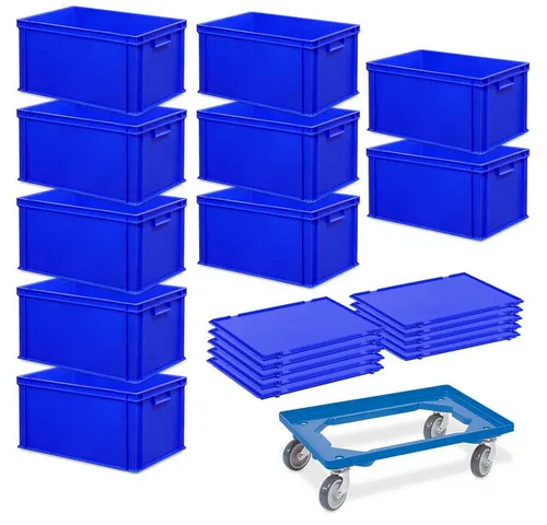 BRB-Lagertechnik Stapelboxen Set mit 10 Euroboxen und Transportroller
