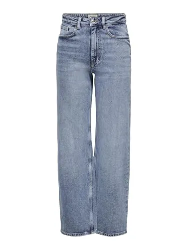 ONLY Damen Jeans 15234743 Medium Blue Denim 32-34 - Jeans mit weitem Beinschnitt und hoher Taille, perfekt für einen lässigen Look. Gürtelschlaufen und Reißverschluss sorgen für besten Tragekomfort.