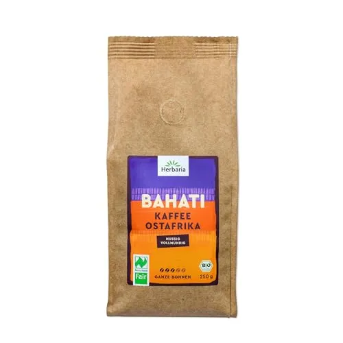 Herbaria BAHATI Bio Kaffee ganze Bohnen 250g – Naturland Fair zertifiziert aus Ostafrika – feinste Kaffee-Aromen nach gerösteten Nüssen & Schokolade – Bio Kaffeebohnen perfekt für Kaffeevollautomaten