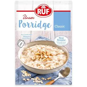 RUF Haferbrei Porridge Classic, 65g - Schnelle Zubereitung - Sonstige Speisen mit nur 3 Minuten Zubereitungszeit. Genießen Sie den puren Geschmack von Classic Porridge, reich an komplexen Kohlenhydraten und pflanzlichem Eiweiß.