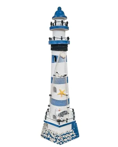 Yudu Deko-Leuchtturm Holz mit Fischernetz und Seestern - Maritime Deko im Antiklook, handgemalt aus Holz, ideal für eine gemütliche maritime Atmosphäre. Maße: 20,1 x 17,6 x 57 cm.