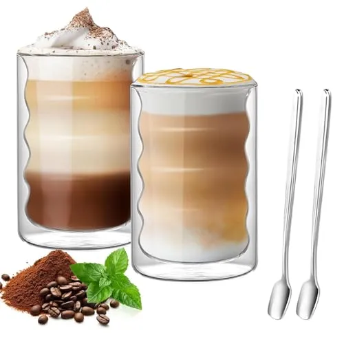ZkateTrade Latte Macchiato Bubble Gläser Set, 2 x 400ml Doppelwandige Bubble Kaffeegläser mit 2 Löffeln, cappuccino Thermogläser für Latte Macchiato, Tee, Milch, Bier