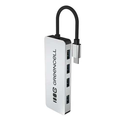 Green Cell USB-C HUB 4-in-1 Adapter, USB-C auf 4× USB-A 3.0, Aluminium Gehäuse, Datenübertragung bis 5 Gbit/s, Plug & Play, Verteiler kompatibel mit MacBook, Dell, Lenovo, HP, ASUS 15 cm Kabel