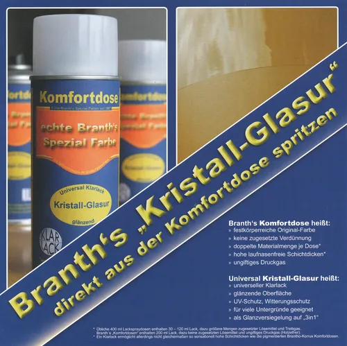 Kristallglasur von Branth - Komfort Sprühdose 400ml Acryllack - Hochwertiger Acryllack für Innen und Außen, schnelltrocknend und glänzend. Ideal für Holz und Metall, einfach in der Anwendung mit der praktischen Sprühdose.