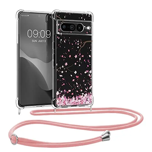 kwmobile Necklace Case kompatibel mit Google Pixel 7 Pro Hülle - Silikon Cover mit Handykette - Rosa Dunkelbraun Transparent Kirschblütenblätter