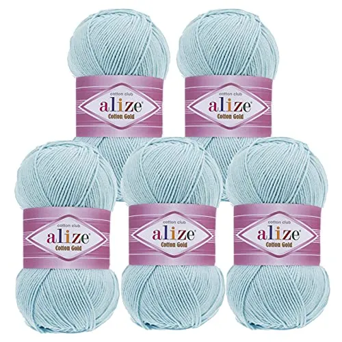 100g Strickgarn Alize Cotton Gold Uni Klassikgarn Häkelgarn Strick-Wolle Farbwahl, Farbe:513 kristallblau 5 x
