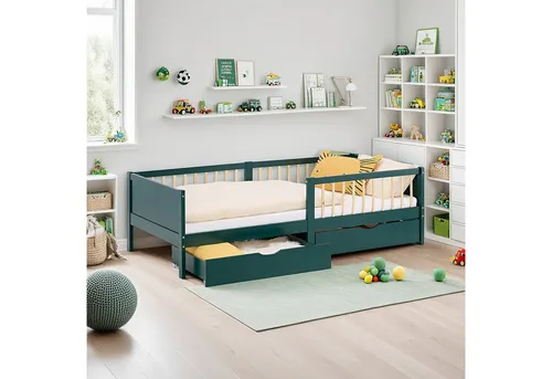 Homestyle4u Kinderbett 90x200 mit 2 Schubladen - Praktisches Kinderbett in elegantem Dunkelgrün mit Rausfallschutz, inklusive Matratze und Lattenrost. Bietet sicheren Schlafplatz und zusätzlichen Stauraum durch 2 Schubladen – ideal für das Kinderzimmer.