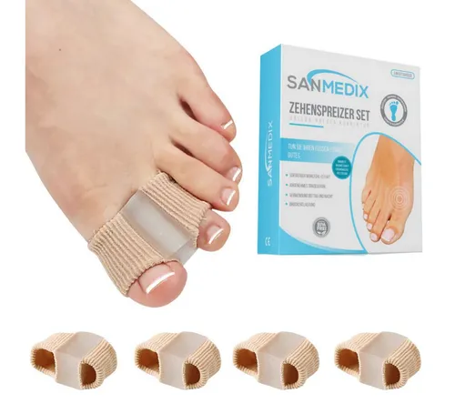 Sanmedix Zehenspreizer Silikon für Hallux Valgus Korrektur - 4-teiliges Set aus hochwertigem Silikon, ideal zur Unterstützung der Fußpflege. Der Zehenkorrektor ist waschbar und sorgt für mehr Komfort im Alltag.
