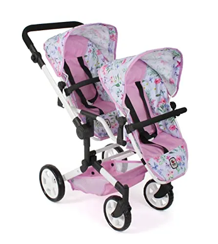 Bayer Chic 2000® Puppenwagen Linus Duo – Flowers Rosa - Puppenwagen für Zwillingspuppen, mit umsteckbaren Sitzen für kreatives Spiel und höhenverstellbarem Griff (50-82 cm) – ideal für Kinder von 4-8 Jahren.
