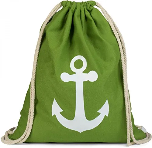 styleBREAKER Turnbeutel Rucksack mit Anker Print, Sportbeutel, Unisex 02012089, Farbe:Grün/Weiß