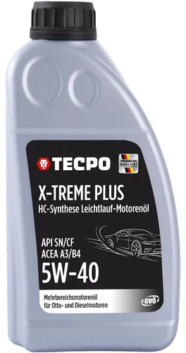 TECPO Motoröl 5W40 Öl X-TREME Plus Öl, 1 Liter 5W-40 Gebinde HC-Synthese für Diesel-und Benzinmotoren entspricht API SN/CF / ACEA A3/B4 / 502/505 / 226.3/226.5 / Longlife 01/98
