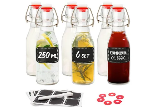 Praknu Trinkflasche 6er Set Glasflaschen 250ml mit Bügelverschluss - Bügelflaschen Zum, Öl Flasche, Flaschen Aufbewahrung, Likörflaschen, Bügelflasche Set