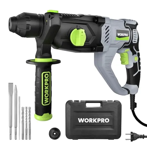 WORKPRO Bohrhammer SDS-Plus 1050W, Abbruchhammer Betonhammer Bohrmaschine 3 Joule, Variable Geschwindigkeit, 360° verstellbarer Griff, Mit Zubehör, Meißel & Koffer, 1150 R/Min, 5100BPM, Im Beton 26mm