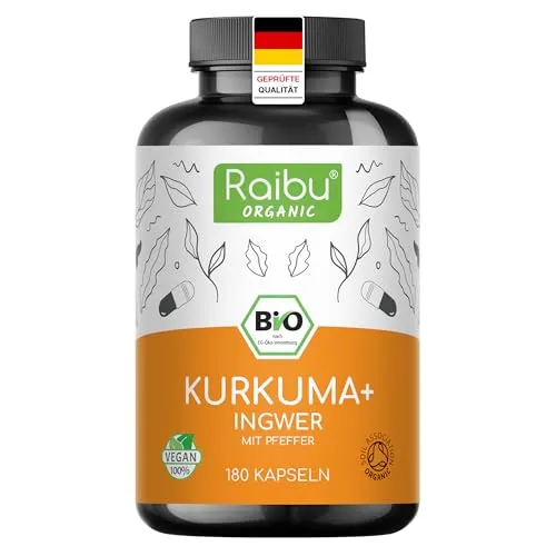 Raibu BIO Kurkuma mit Ingwer Kapseln mit Schwarzem Pfeffer - 180 Hochdosierte Curcuma Komplex Kapseln - Bio-Qualität, Ohne Zusätze & Vegan aus Deutscher Produktion