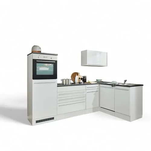 Jazz 6 Moderne Eckküche in Weiß Hochglanz & Metallic Grau - Stilvolle L-Form Küchenzeile mit viel Stauraum und cleveren Aufbewahrungslösungen. Ideal erweiterbar und leicht zu montieren – perfekt für jede Küche!