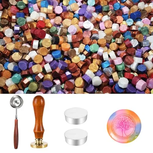 Wachssiegel Stempel Set, 200 Stück siegelwachs mit 1 Lebensbaum Siegelstempel, 1 Schmelzlöffel, 2 Teelichte, für Vintage Siegellack und Brief, Einladungen, Paket Geschenk (E)