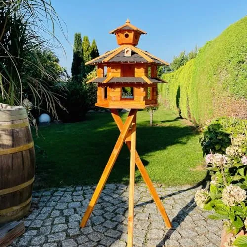 DARLUX Vogelvilla wetterfest von L bis XXL Futterhaus Vogelhaus mit oder ohne Ständer in Braun mit Rot, Grün oder Blau für Garten und Balkon (Größe XXL mit Ständer, Schwarz - Braun)