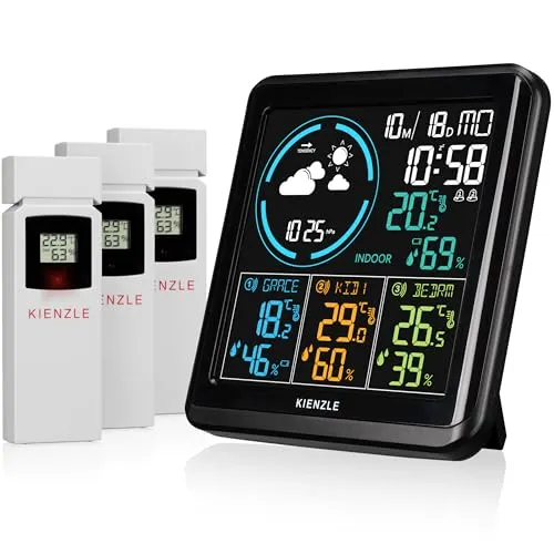 Funk-DCF-Wetterstation mit 3 Außensensoren - Wetterstation mit 3 Außensensoren, präzise Temperatur- und Luftfeuchtigkeitsmessung sowie DCF-Signal für exakte Uhrzeit.