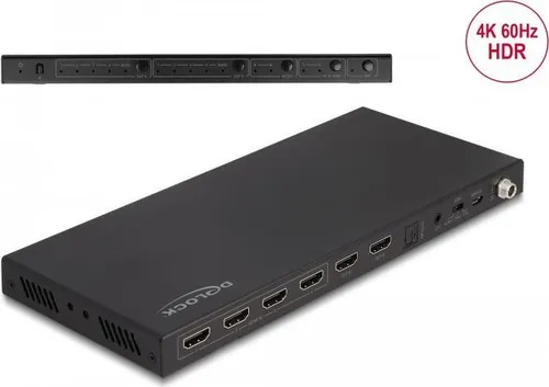 Delock HDMI Matrix Switch 4x2 - HDMI Matrix Switch für 4 Eingänge und 2 Ausgänge, unterstützt 4K 60 Hz und bietet einen integrierten Audioextraktor - ideal für Heimkino und professionelle Anwendungen.