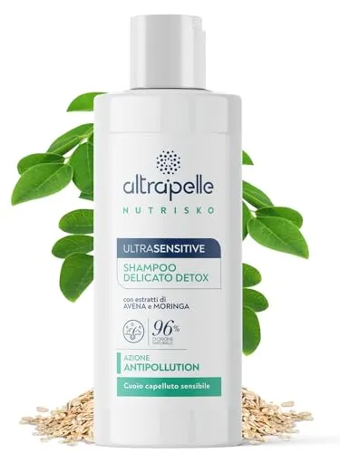 Altrapelle Nutrisko Sanftes Detox Antipollution Shampoo, 96% natürliche Formel für empfindliche Kopfhaut, beruhigend, feuchtigkeitsspendend und reinigend, ideal für häufiges Waschen, 200 ml