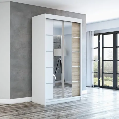 Schwebetürenschrank ERA 120 cm mit Spiegel - Moderner 2-türiger Schwebetürenschrank mit hochwertigem ALUMINIUM Schiebetürsystem, ideal für platzsparende Lösungen in Ihrem Schlafzimmer.