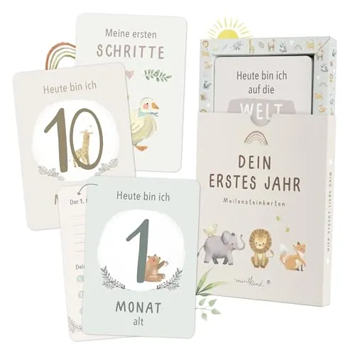 Mintkind Meilensteinkarte Baby beige Boho – 36 Monatskarten für Jungen & Mädchen – Geschenk zur Geburt & Babyparty – Erinnerungen festhalten – Meilensteine dokumentieren & besondere Momente genießen