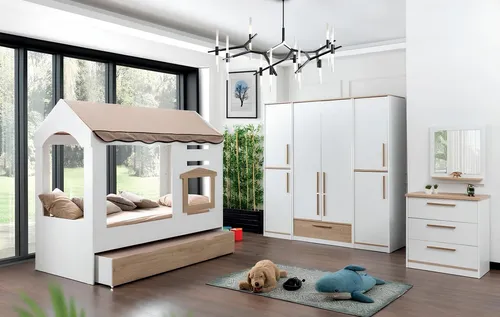Kinderzimmer Bett Haus Überdachtes Bett Schlafzimmer Set Garnitur Spiegel 4tlg.