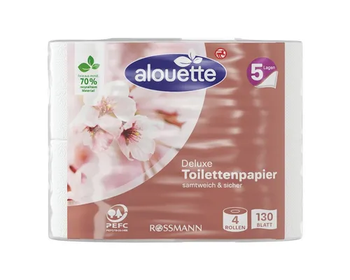 alouette Toilettenpapier Deluxe (4-St), 5-lagig, weiß, geprägt & perforiert, parfümfrei, 130 Blatt/Rolle