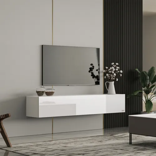 Makika TV Lowboard Fernsehtisch - Modernes Hängeschrank Möbel in Weiß Hochglanz, vielseitig nutzbar mit 3 Fächern und einfacher Montage