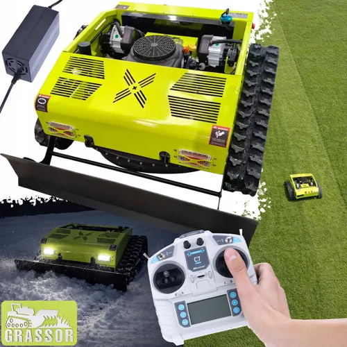 Robot-Raupenmäher Grassor MultiForce 1000GT-G22P – 22PS Loncin 764cc | 1000 mm Schnittbreite | Hybridantrieb | 2×1000W | 200 m Fernbedienung | 50° Steigung | 1–20 cm Schnitthöhe | Schneeräumschild Set