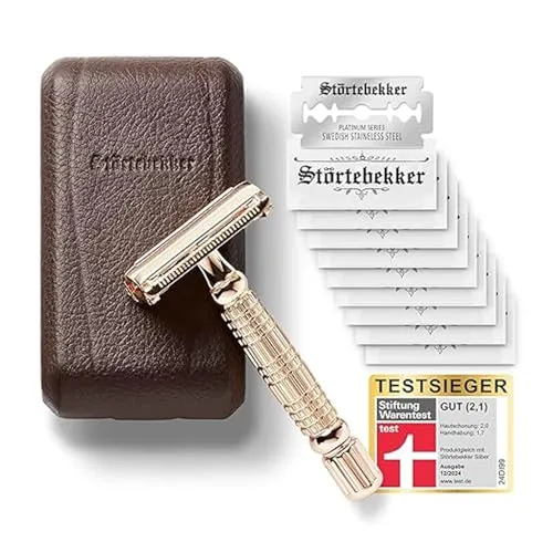 Störtebekker® Premium Rasierhobel Hamburg - Testsieger 2024 - Rasierer für Herren mit handgefertigtem Leder-Etui und 10 hochwertigen Klingen für eine sanfte, hautschonende Rasur – ideal für Anfänger und Profis!