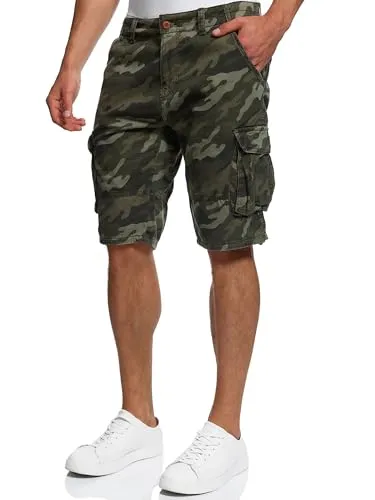Indicode Herren Monroe Cargo-Shorts inkl. Gürtel - Herren-Shorts aus 100% Baumwolle, ideal für den Sommer mit Camouflage-Optik, zwei Cargotaschen und abnehmbarem Gürtel für optimalen Komfort und Bewegungsfreiheit.