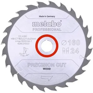 Metabo 628031000 Kreissägeblatt 160 mm - Präzises Sägeblatt für Holz - Kreissägeblatt HW/CT 160 x 20 x 2,2/1,4 mm, 24 Zähne, ideal für saubere Schnitte in Weich- und Hartholz. Perfekt für vielseitige Anwendungen in der Holzbearbeitung.