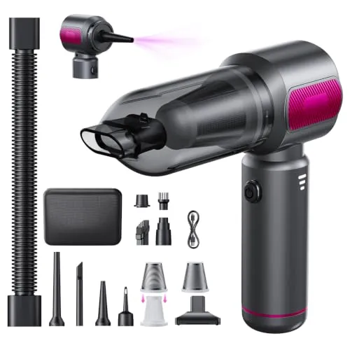 REWONDER Handstaubsauger Akku 22000Pa Kabellos Auto Mini Handsauger | 2in1 Saugen & Blasen, 7800mAh Akku USB, Waschbarer HEPA-Filter, Mehrere Düsen, Starke Saugleistung ideal für Auto & Tierhaare