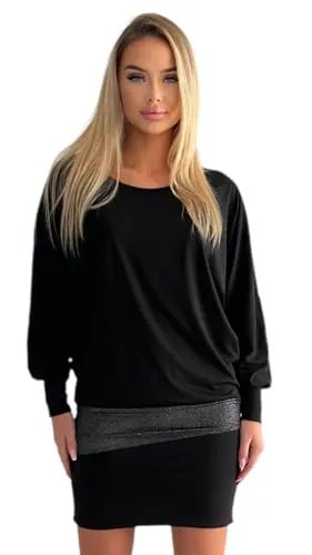 Mississhop 95-31 Damen Minikleid festlich Glitzer - Elegantes Freizeitkleid für Damen, gefertigt in der EU, mit edlem Kontrast zwischen mattem Oberteil und glänzendem Rockansatz für ein angenehmes Tragegefühl.