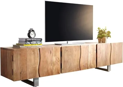 DELIFE Lowboard Live-Edge Akazie 220 cm mit 6 Türen - TV-Halterung aus massivem Akazienholz mit natürlicher Baumkante, bietet viel Stauraum und ist ein dekoratives Highlight für Ihr Wohnzimmer.