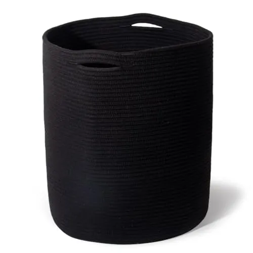 SYLANDO 45L Geﬂochtener Baumwollkorb (H45cm, Ø38cm), Aufbewahrungskorb für Spielzeug, Wäsche & Handtücher mit Griffen, Wäschekorb für Kinderzimmer, Badezimmer & Wohnzimmer Schwarz