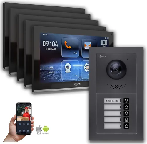 Goliath IP Video Türsprechanlage mit 10-Zoll Monitor für Mehrfamilienhäuser - Moderne IP-Video-Türsprechanlage für bis zu 5 Wohnungen. Mit Smartphone-App, HD-Videoqualität und sicherem Zugangssystem. Ideal für private und gewerbliche Nutzung.