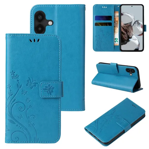 Handyhülle für Samsung Galaxy A04 Klapp Case Tasche Blume Schmetterling Blau