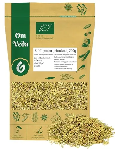 Bio Thymian getrocknet gerebelt 200g | geschnitten Thymiankraut Gewürz | Gewürzmischungen Thymian-Tee Kräutertee Küche | Organic Thyme Bio-Qualität | OmVeda