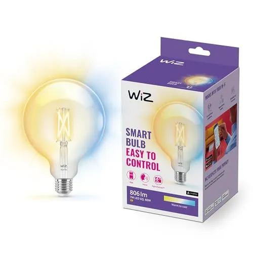 WiZ Tunable White LED Lampe E27 (806 lm), G125, 60 W transparente Filament Lampe mit warm- bis kaltweißem dimmbarem Licht, smarte Lichtsteuerung über WLAN per Stimme/App
