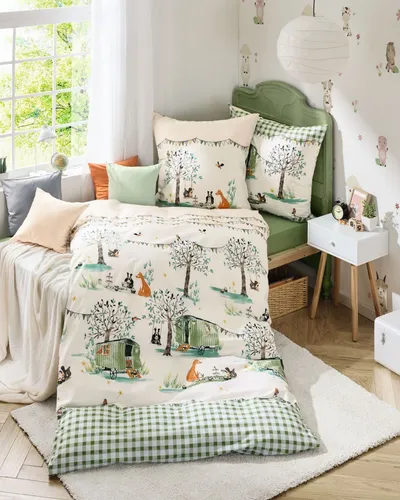 Kaeppel Babybettwäsche Wohnwagen Picknick 40 x 60 100 x 135 cm - Bettwäsche aus 100% Baumwolle, ideal für Kinder, mit Reißverschluss und pflegeleicht, perfekt für süße Träume!