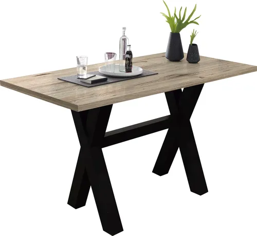 Bartisch MÄUSBACHER, schwarzstahl/sandeiche, 120 cm – Modern und stilvoll - Eleganter Bartisch mit X-förmigem Gestell für Ihr Esszimmer. Die robuste Tischplatte aus Holzwerkstoff bietet Platz für gesellige Abende. Pflegeleicht und made in Germany.