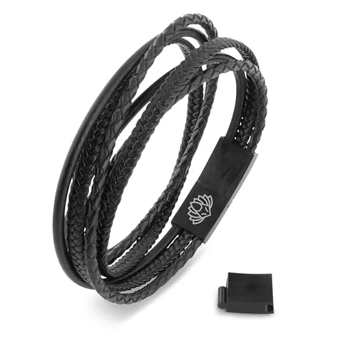 Akitsune Ambush Synthetisches Lederarmband | Magnetverschluss aus Edelstahl - Wickelarmband für Männer Herren - Armband inkl. schöner Schmuckschachtel - Schwarz-Schwarz - 20,00 cm