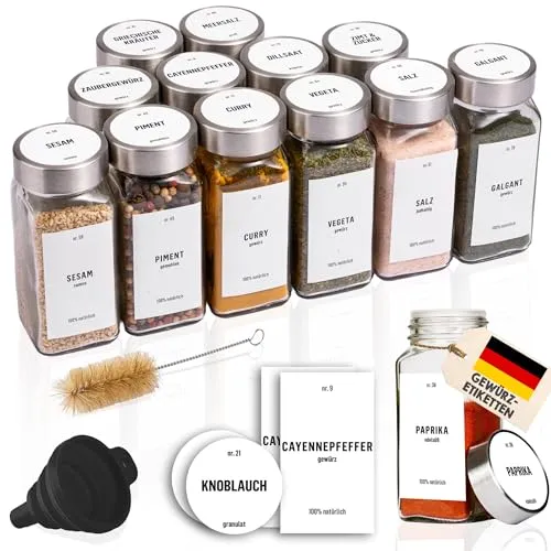 Deco haus® Gewürzgläser eckig luftdicht 12er Set [inkl. Etiketten & Streueinsatz]