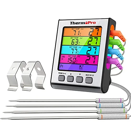 ThermoPro TP17H Digitales Grill-Thermometer mit 4 Edelstahlsonden - Bratenthermometer mit 4 Messfühlern und blauer Hintergrundbeleuchtung, ideal für präzises Grillen und gleichzeitiges Messen mehrerer Gargüter.