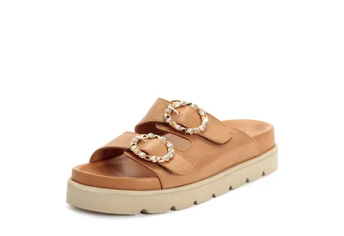 Tamaris Pantolette mit verstellbaren Schnallen und Schmucksteinen, braun 36 EU - Modische Pantolette in Größe 36 mit 3 cm Plateauhöhe. Aus hochwertigem Leder und Synthetik gefertigt, ideal für stilvolle Sommerlooks. Perfekt für den täglichen Einsatz.