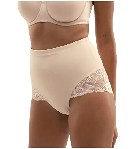 Dorina Damen Slip, Mid-Waist, Bauchkontrolle, Hoher Taillenslip, Florale Spitzenverzierung, Mittlerer Halt, Brigitte, Beige, L